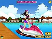 Beautiful girl riding a jetski, wearing a stylish swimsuit and accessories in the free online dress up game