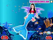 Screenshot of Little Mermaid Dress Up showing a mermaid with a vibrant tail, a selection screen for choosing hairstyles and accessories, the final styled mermaid look