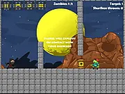 Screenshot of the Ninjas vs Zombies game showing a ninja aiming a shuriken at two green zombies standing on platforms, with wooden crates as obstacles.