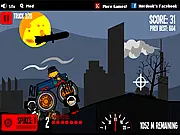 Screenshot of the Nuclear Outrun game showing a highly pixelated vehicle driving through a city street, shooting at zombies, with a timer counting down in the corner.
