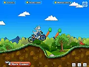 Bugs Bunny riding a bike over a grassy hill while collecting carrots in the free online Bugs Bunny Biking game