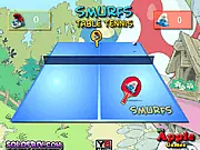 Play Smurfs Table Tennis free online game, showing Smurf and Papa Smurf playing ping pong in a friendly competition.