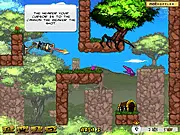 Screenshot of the Surplus Soldiers game showing a cannon ready to fire a ragdoll soldier towards a gold treasure chest across a complex level with obstacles