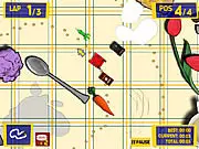 Racing Toys game screenshot showing a small remote control car racing on a kitchen table