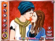 Vampire Couple Kiss Makeover free online dress up game screenshot, two mysterious people sharing a kiss in gothic-themed clothes, romantic styling game on PlayArcadeHub