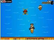 Play Pirates' Rampage Spree free online game, showing a pirate ship firing cannonballs at an enemy vessel on the ocean.
