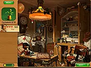 Screenshot of Gardenscapes Mansion Makeover showing a cluttered living room with many antique objects to find for a hidden object rummage sale
