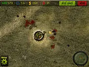 Screenshot of Anti Zombie Defense game showing a base under siege with multiple turrets shooting at an advancing horde of cartoon zombies