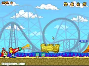 Acrobat-Smashers free physics puzzle game screenshot showing a ball character being launched towards a wooden structure and a mime