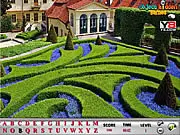 Front House Hidden Alphabets free online game screenshot showing a scenic house exterior with letters hidden in the windows and landscaping