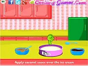 Ice Cream Sundae Pie Free Game screenshot on PlayArcadeHub, showing a mouth-watering slice of layered ice cream pie with fudge and a cherry on top.
