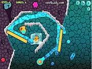 A game screenshot from Unfreeze Me showing a flow of hot water being redirected by wooden planks toward a small, frozen bird in a block of ice