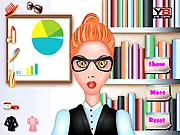Screen capture of the Office Style Dress Up game showing a professional woman model wearing a formal business outfit