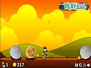 Rocks Falling game screen showing a character dodging various falling hazards including a bomb, a rock, and a ninja star