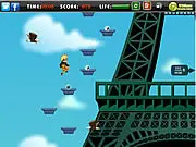 The Naruto Tower Jump online game showing the character Naruto Uzumaki jumping across a narrow gap between two brightly colored platforms high up a tower.