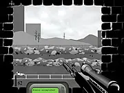 Urban Sniper 4 free online shooter game graphic showing a sniper looking through a rifle scope across a gritty urban city street.