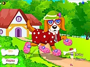 Maxi the Dog Dress Up free online game showing a cute dog wearing a stylish outfit and accessories.