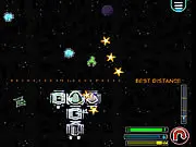 A heavily customized, block-based spaceship firing multiple green lasers at alien enemy ships in the free game Galaxy Siege.