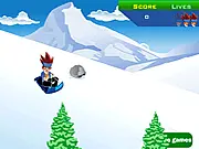 Gingka from Beyblade riding a snow sled, mid-air, performing a stunt on a snowy mountain in the free online game