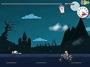 Zombie Rider Jump free online game showing a zombie biker launching off a huge ramp in a dark city street
