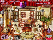 Screenshot of Enigmatic Conjurer hidden object game, finding a magic hat in a living room, search and find free online game
