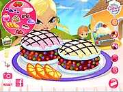 Decorating a 'neo-future' dessert in the Cookie Sandwich free online cooking game, showing colorful ice cream, candies, and fruit toppings