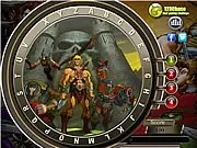 Screenshot of He-Man Hidden Alphabets online game showing a scene from Masters of the Universe with He-Man and Skeletor where letters are concealed
