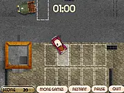 Play Vintage Skill Parking free online game, showing an old classic car attempting to park in a busy junkyard filled with large moving trucks and obstacles.