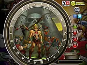 Screenshot from the He Man Hidden Alphabets game showing a colorful illustration of He-Man fighting Skeletor, with several alphabet letters subtly hidden in the background.