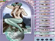 Mermaid Mix and Match game screenshot showing a highly customized mermaid with a flowing, pink-and-purple tail, a jewel-encrusted top, and long, decorated hair. Play free online mix and match game.