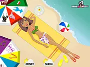 Screenshot of the Beach Babe Dress Up game showing a beautiful animated model standing on a beach, dressed in a stylish summer outfit with a variety of clothing options displayed nearby.