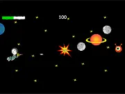 Baby vs Alien free online game screenshot showing a baby astronaut floating in space shooting lasers at green aliens and asteroids