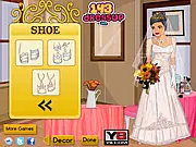 Screenshot of Wedding Decor & Dressup Game free online where a player is styling a bride and decorating the room