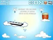Musicball game screenshot showing a ball bouncing off a piano key towards a funnel, illustrating the physics puzzle gameplay online