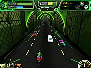 3D screenshot of a Ben 10 car driving and shooting through an alien-themed environment.