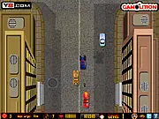 Top-down view of a car with a gun battling other vehicles on a city street.