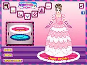 Princess Cake Maker & Dress-Up game screenshot showing a fully decorated princess doll cake with a large, colorful, tiered skirt made of frosting, decorated with edible jewels.