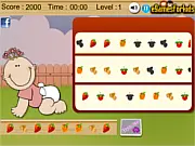 Screenshot of Baby Fruit Fun game showing colorful cartoon fruit icons being dragged toward matching silhouette shapes on a rack