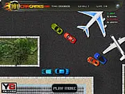 A high-speed hyper car racing on an airport runway with planes and hangars in the background.