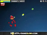 Angry Birds Space Battle game screenshot, Angry Bird dodging asteroids and shooting at Bad Piggies in a space scene, play free online arcade shooter