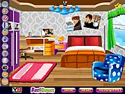 Screenshot of Justin Bieber Fan Room decoration game, free online room design with posters and pop star memorabilia