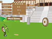 Screenshot of the Ben 10 Archery Challenge game, showing the character Ben 10 holding a bow and arrow, preparing to shoot at a distant target surrounded by obstacles.