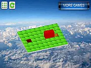 3D isometric view of the game Rolling Cube: Ice Challenge, showing a large white cube on a narrow platform with blue ice blocks and a red finish hole.