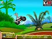 Tom and Jerry Tom Super Moto game, Tom the Cat riding a dirt bike on a bumpy track, collecting bananas, performing a jump, screenshot of the seven levels.