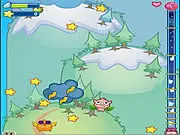Free online game screenshot of I Can Fly showing a cartoon pig being launched high into the sky near clouds and colorful bonuses