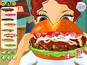 Screenshot of Fun Burger game, a massive, stacked hamburger with toppings, free online food maker game