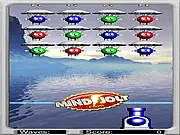 Screenshot of Bomb Bomb Trouble game, cannon aiming at colored bombs in the sky, free online action puzzle game
