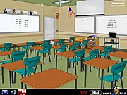 Screenshot of American Classroom Escape game, a point and click puzzle with desks and a blackboard, free online escape game