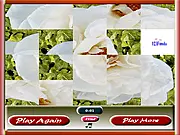 White Flower Photo Puzzle free online sliding game screenshot showing a partially solved image of a white flower on PlayArcadeHub