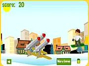 Ben 10 Snowboard Jumping free online action game screenshot showing Ben 10 on a snowboard jumping over obstacles on a snowy mountain